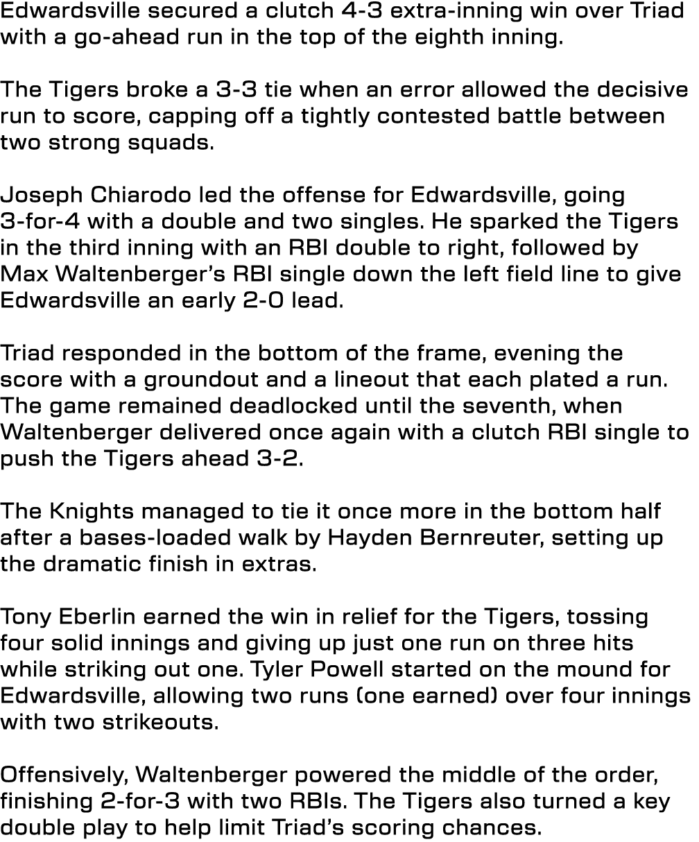 Edwardsville secured a clutch 4 3 extra inning win over Triad with a go ahead run in the top of the eighth inning. Th...