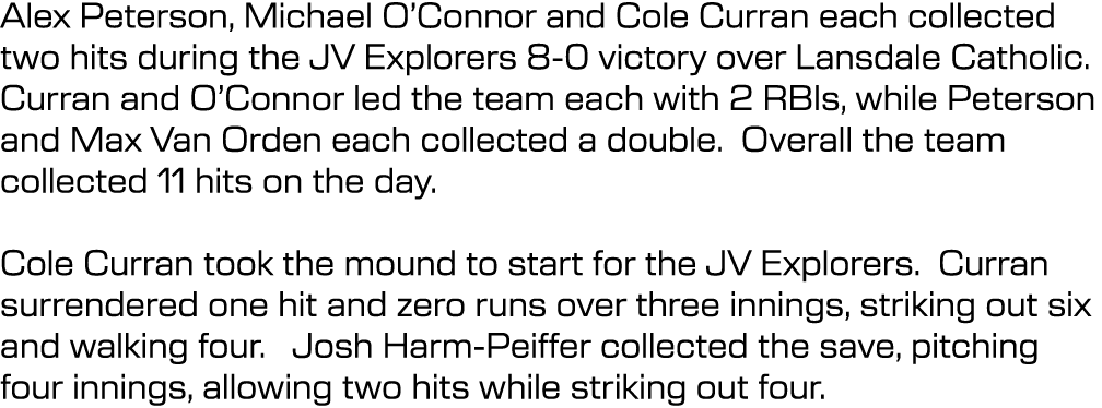 Alex Peterson, Michael O’Connor and Cole Curran each collected two hits during the JV Explorers 8 0 victory over Lans...