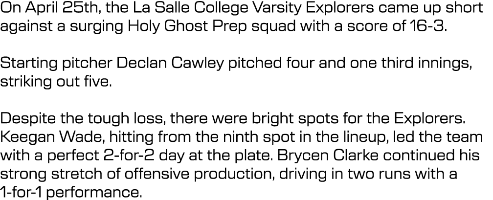 On April 25th, the La Salle College Varsity Explorers came up short against a surging Holy Ghost Prep squad with a sc...