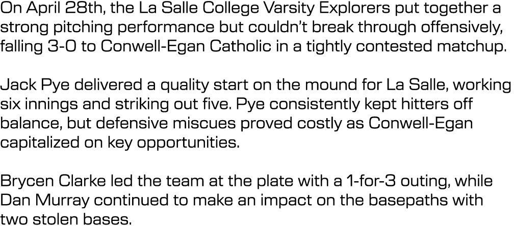 On April 28th, the La Salle College Varsity Explorers put together a strong pitching performance but couldn’t break t...