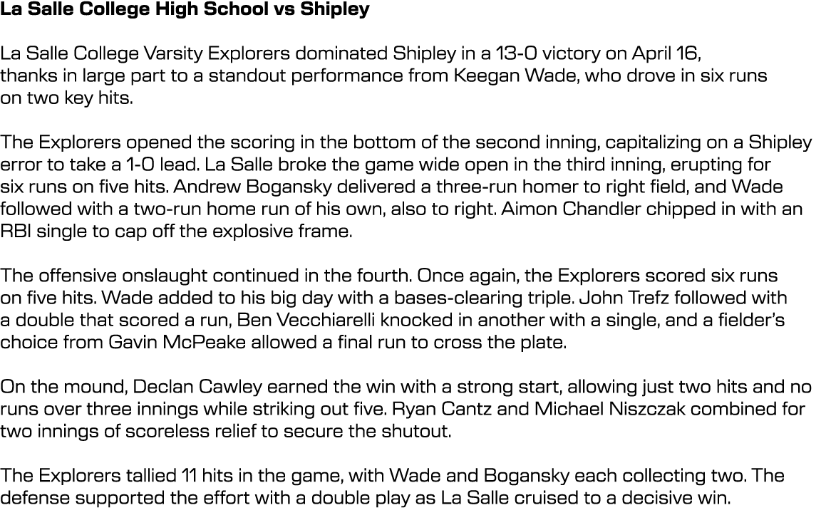 La Salle College High School vs Shipley La Salle College Varsity Explorers dominated Shipley in a 13 0 victory on Apr...