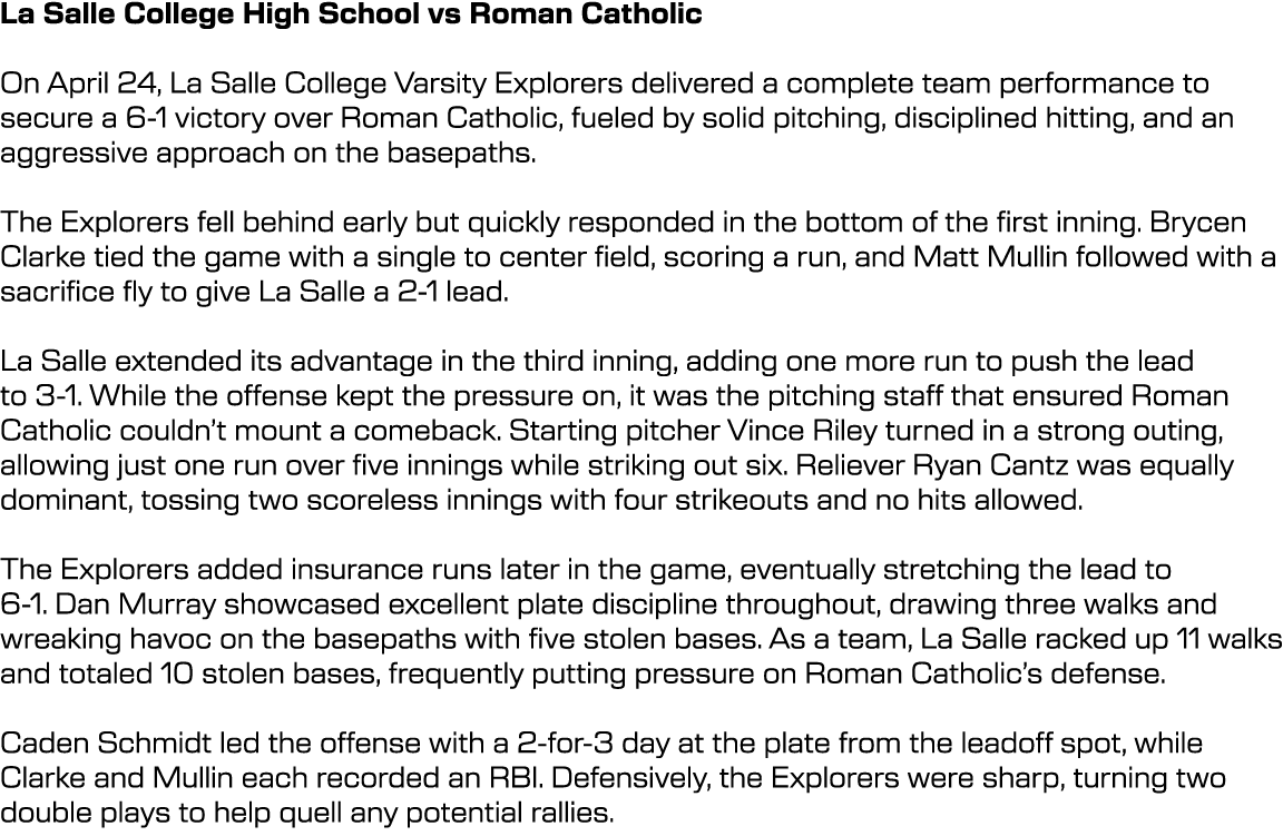 La Salle College High School vs Roman Catholic On April 24, La Salle College Varsity Explorers delivered a complete t...