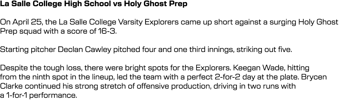 La Salle College High School vs Holy Ghost Prep On April 25, the La Salle College Varsity Explorers came up short aga...