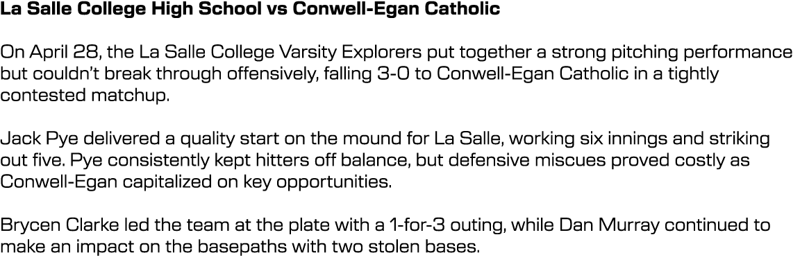 La Salle College High School vs Conwell Egan Catholic On April 28, the La Salle College Varsity Explorers put togethe...