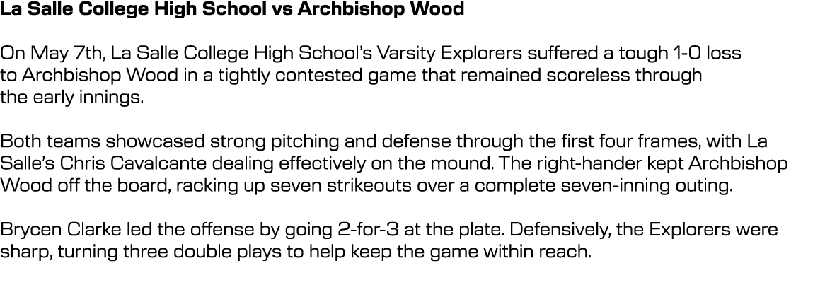 La Salle College High School vs Archbishop Wood On May 7th, La Salle College High School’s Varsity Explorers suffered...