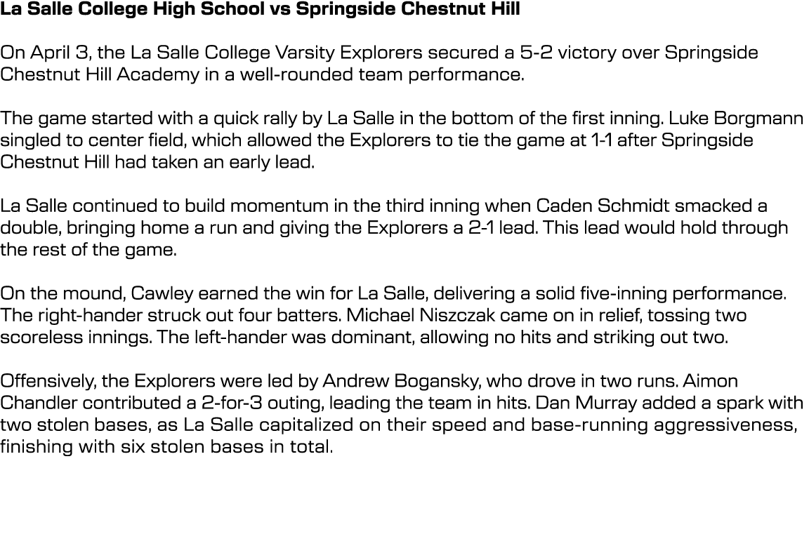 La Salle College High School vs Springside Chestnut Hill On April 3, the La Salle College Varsity Explorers secured a...