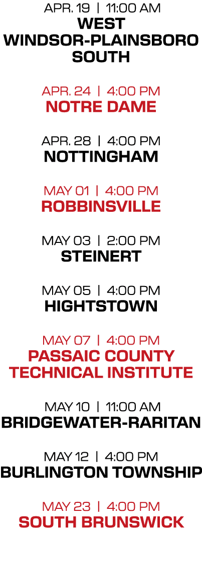  apr. 19 | 11:00 aM West Windsor Plainsboro South apr. 24 | 4:00 PM Notre Dame apr. 28 | 4:00 PM Nottingham may 01 | ...
