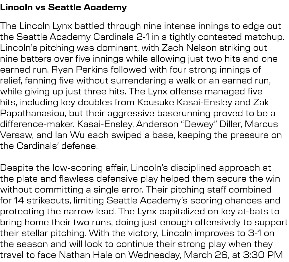 Lincoln vs Seattle Academy,The Lincoln Lynx battled through nine intense innings to edge out the Seattle Academy Card...