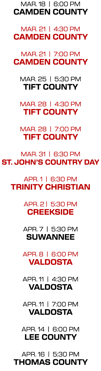 mar. 18 | 6:00 PM camden county mar. 21 | 4:30 PM camden county mar. 21 | 7:00 PM camden county mar. 25 | 5:30 PM tif...