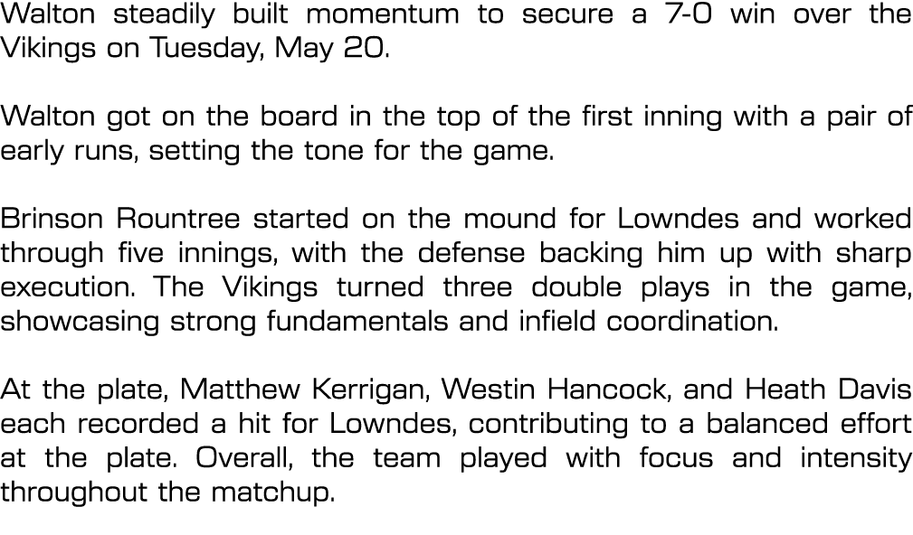 Walton steadily built momentum to secure a 7 0 win over the Vikings on Tuesday, May 20. Walton got on the board in th...