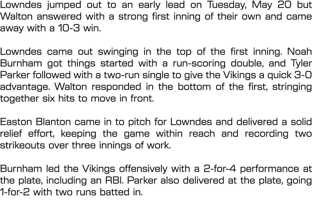 Lowndes jumped out to an early lead on Tuesday, May 20 but Walton answered with a strong first inning of their own an...