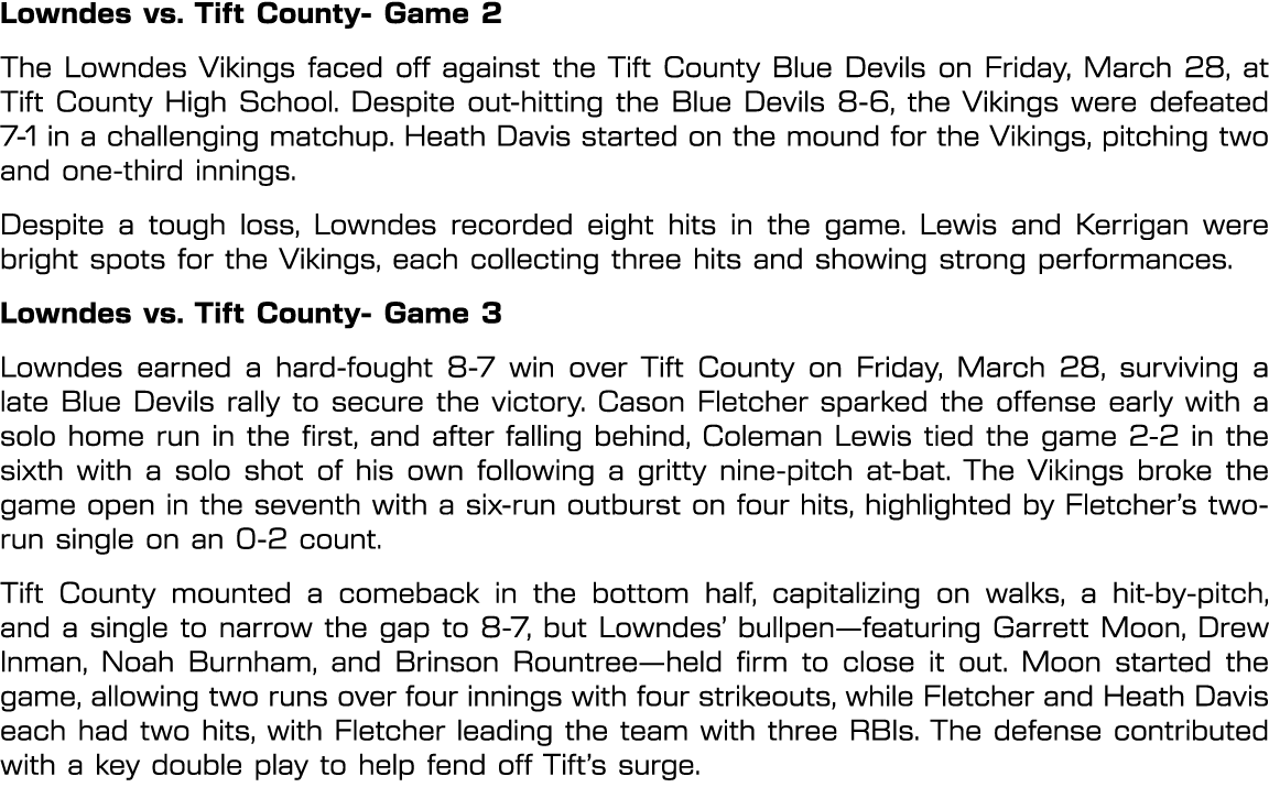 Lowndes vs. Tift County Game 2 The Lowndes Vikings faced off against the Tift County Blue Devils on Friday, March 28,...