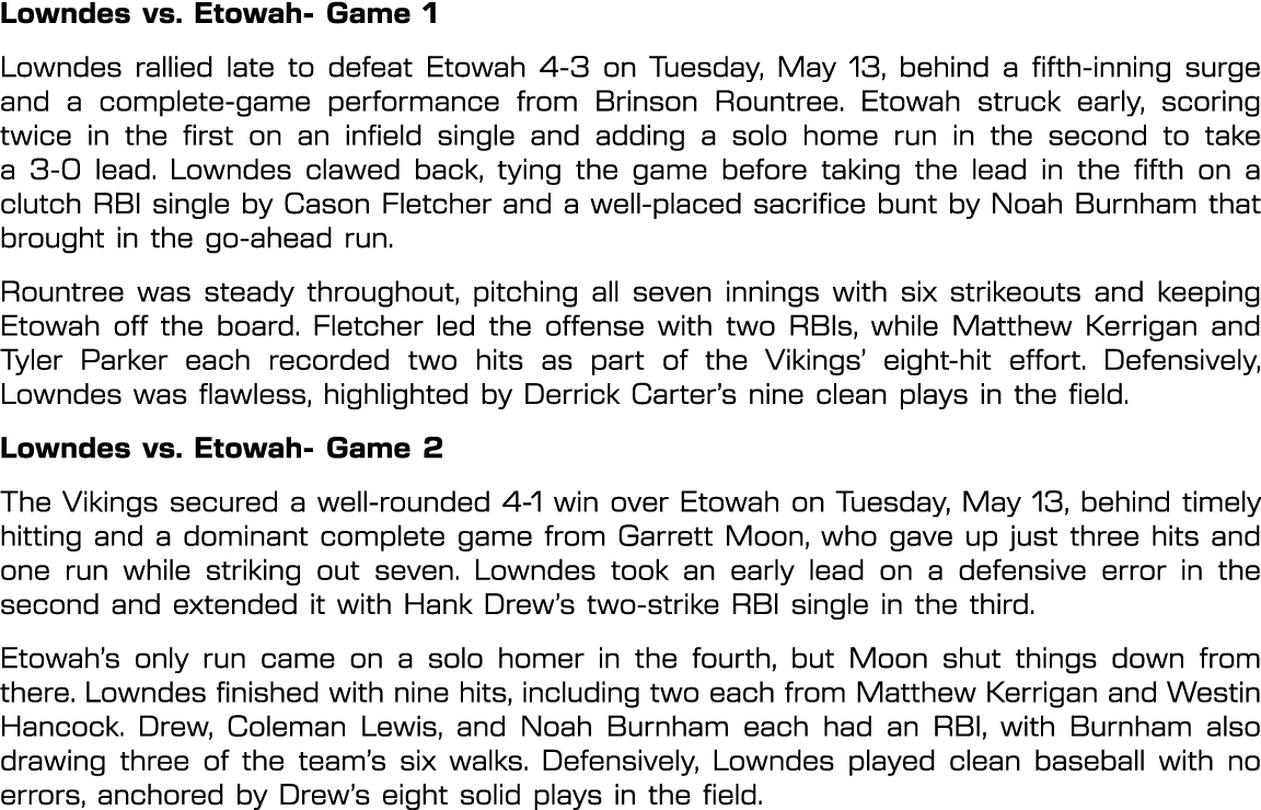 Lowndes vs. Etowah Game 1 Lowndes rallied late to defeat Etowah 4 3 on Tuesday, May 13, behind a fifth inning surge a...