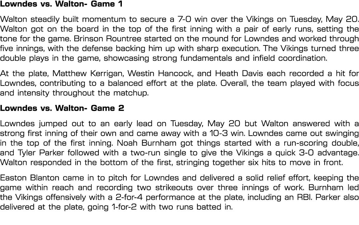 Lowndes vs. Walton Game 1 Walton steadily built momentum to secure a 7 0 win over the Vikings on Tuesday, May 20. Wal...