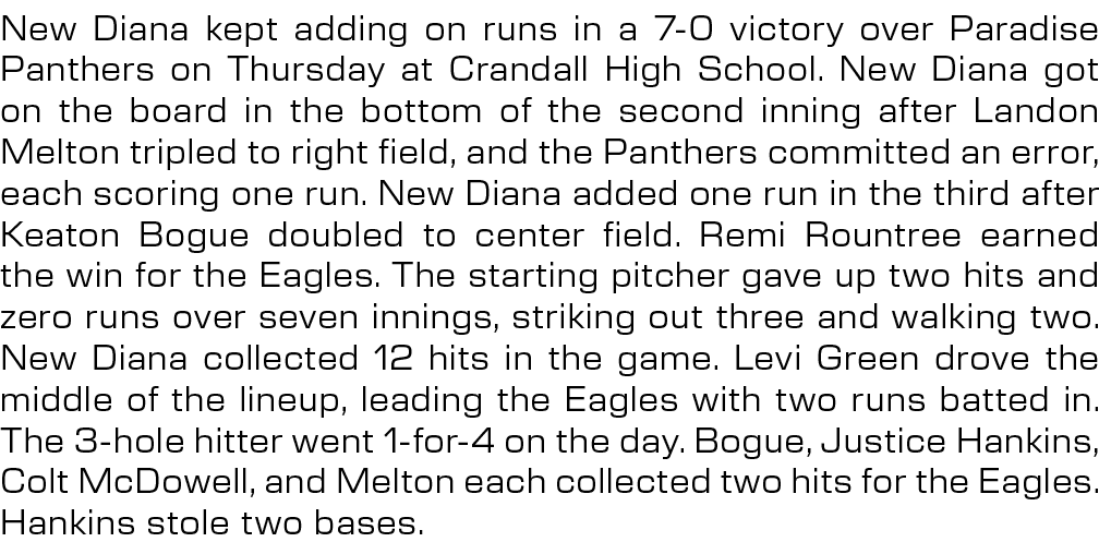 New Diana kept adding on runs in a 7 0 victory over Paradise Panthers on Thursday at Crandall High School. New Diana ...