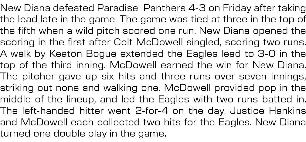 New Diana defeated Paradise Panthers 4 3 on Friday after taking the lead late in the game. The game was tied at three...