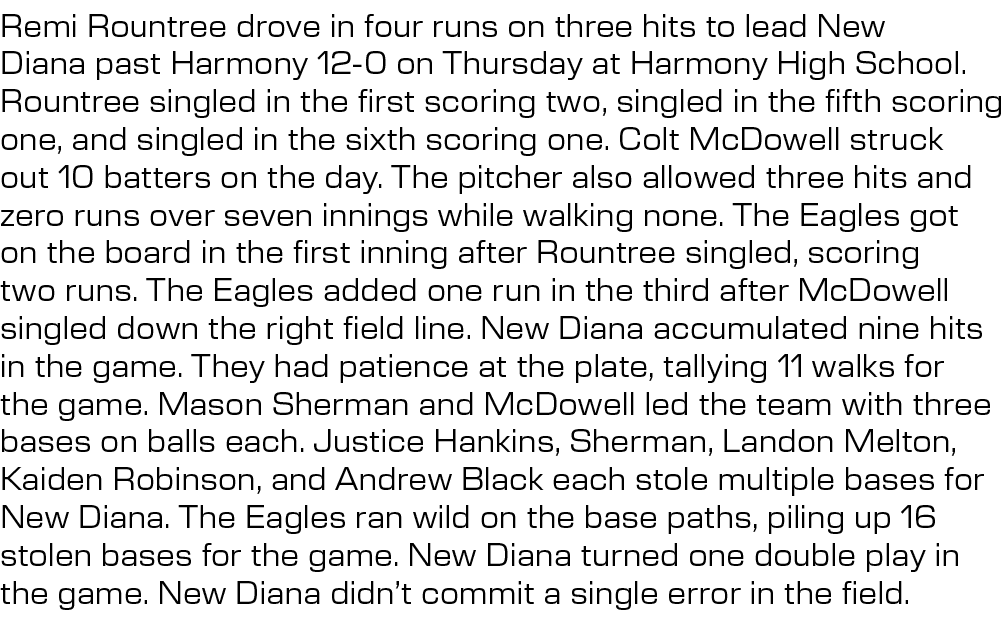 Remi Rountree drove in four runs on three hits to lead New Diana past Harmony 12 0 on Thursday at Harmony High School...