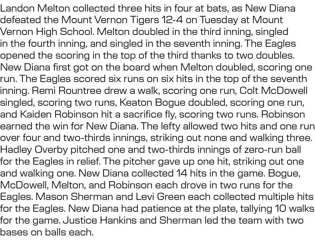 Landon Melton collected three hits in four at bats, as New Diana defeated the Mount Vernon Tigers 12 4 on Tuesday at ...