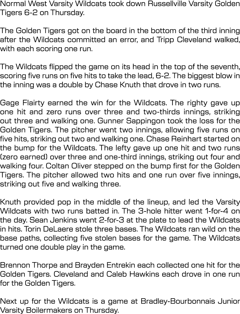 Normal West Varsity Wildcats took down Russellville Varsity Golden Tigers 6 2 on Thursday. The Golden Tigers got on t...