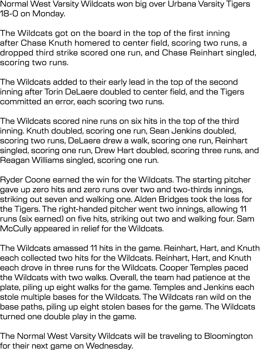 Normal West Varsity Wildcats won big over Urbana Varsity Tigers 18 0 on Monday. The Wildcats got on the board in the ...