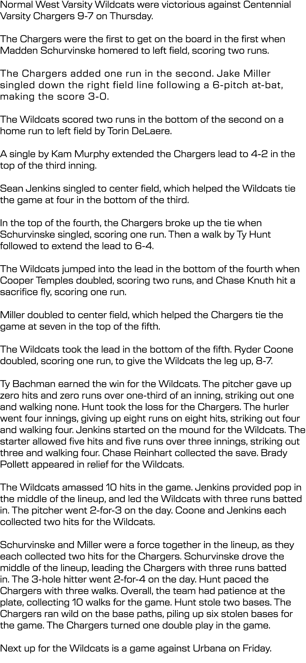 Normal West Varsity Wildcats were victorious against Centennial Varsity Chargers 9 7 on Thursday. The Chargers were t...