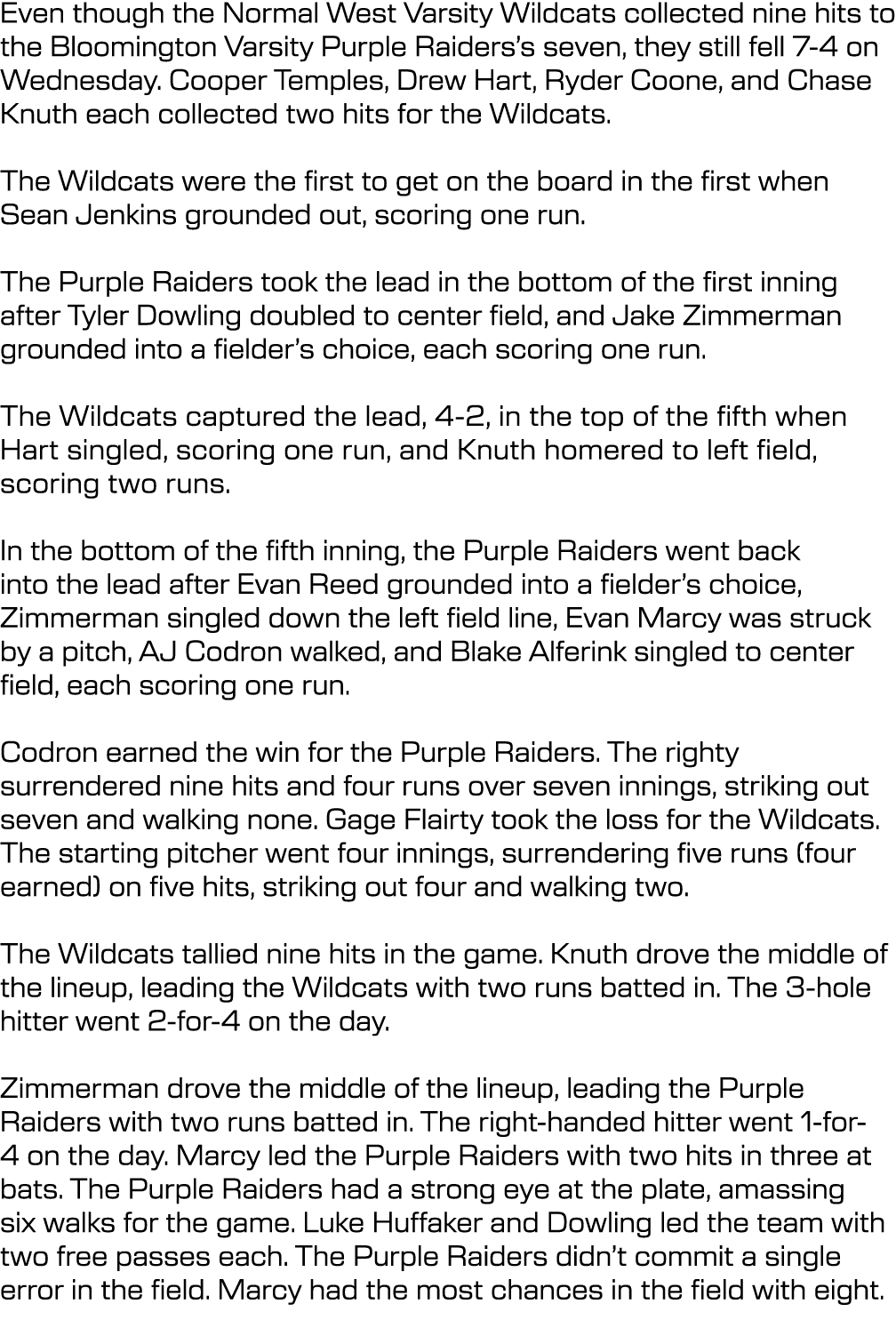 Even though the Normal West Varsity Wildcats collected nine hits to the Bloomington Varsity Purple Raiders’s seven, t...