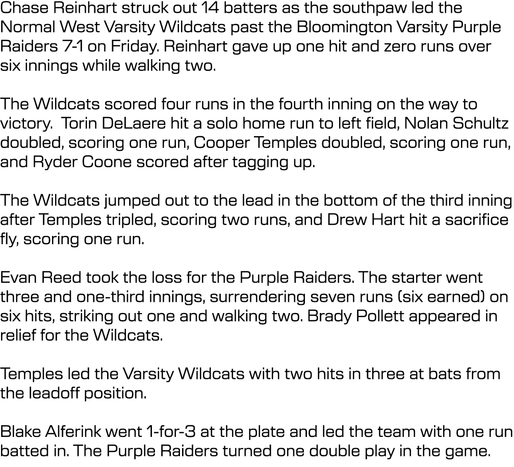 Chase Reinhart struck out 14 batters as the southpaw led the Normal West Varsity Wildcats past the Bloomington Varsit...