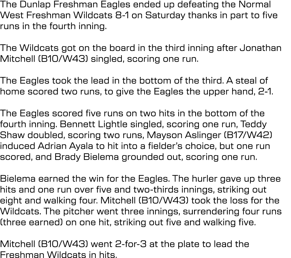 The Dunlap Freshman Eagles ended up defeating the Normal West Freshman Wildcats 8 1 on Saturday thanks in part to fiv...