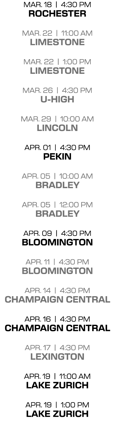 mar. 18 | 4:30 PM rochester mar. 22 | 11:00 am limestone mar. 22 | 1:00 PM limestone mar. 26 | 4:30 PM u high mar. 29...