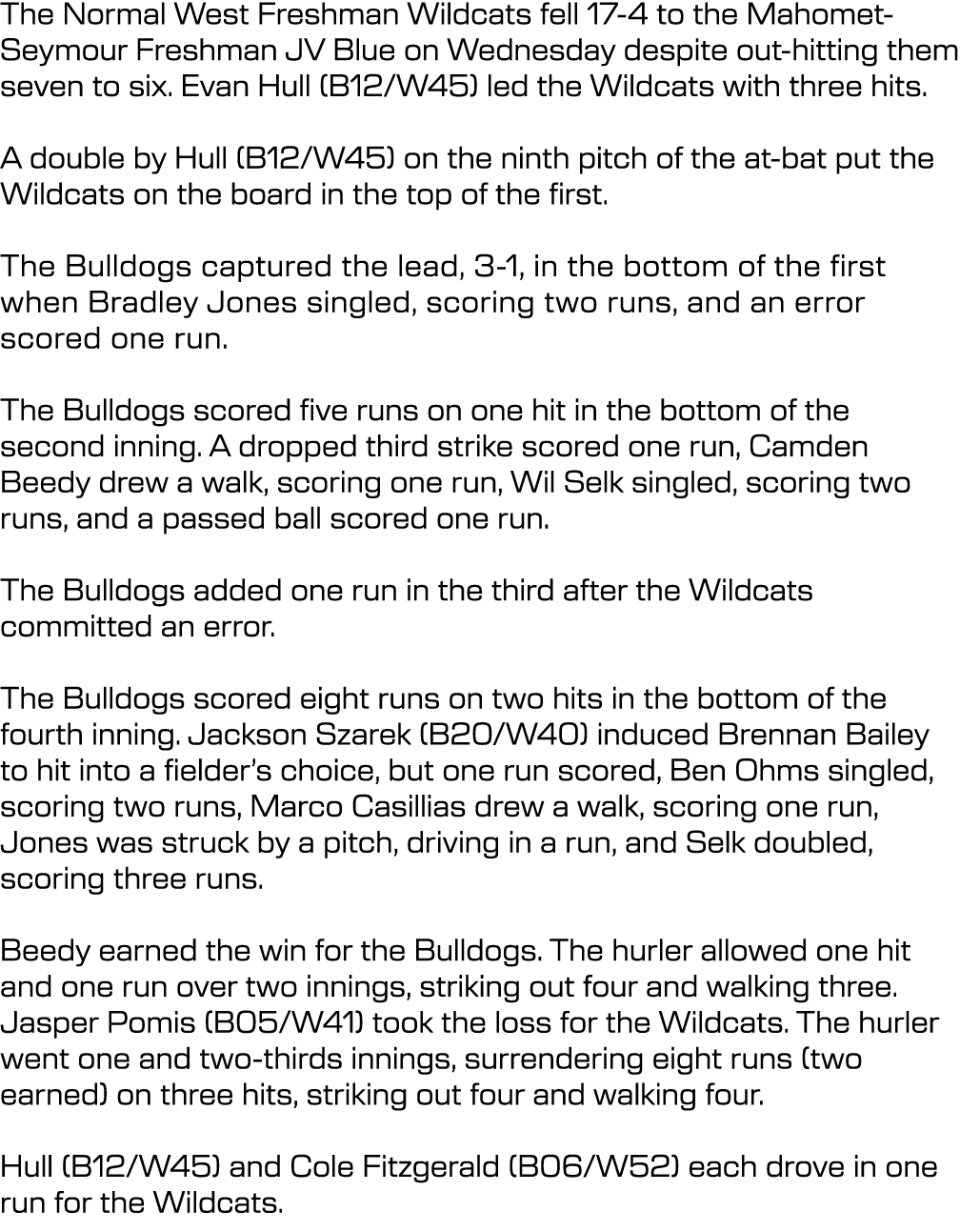 The Normal West Freshman Wildcats fell 17 4 to the Mahomet Seymour Freshman JV Blue on Wednesday despite out hitting ...