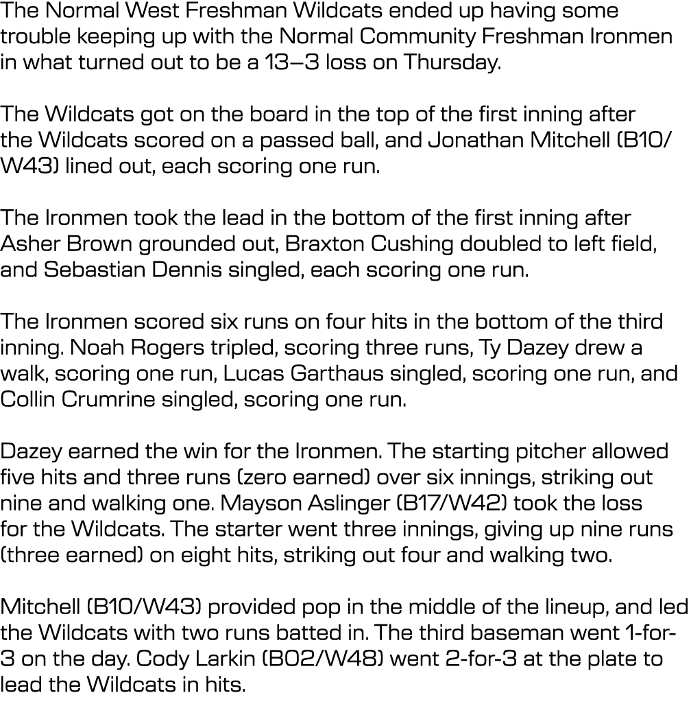 The Normal West Freshman Wildcats ended up having some trouble keeping up with the Normal Community Freshman Ironmen ...