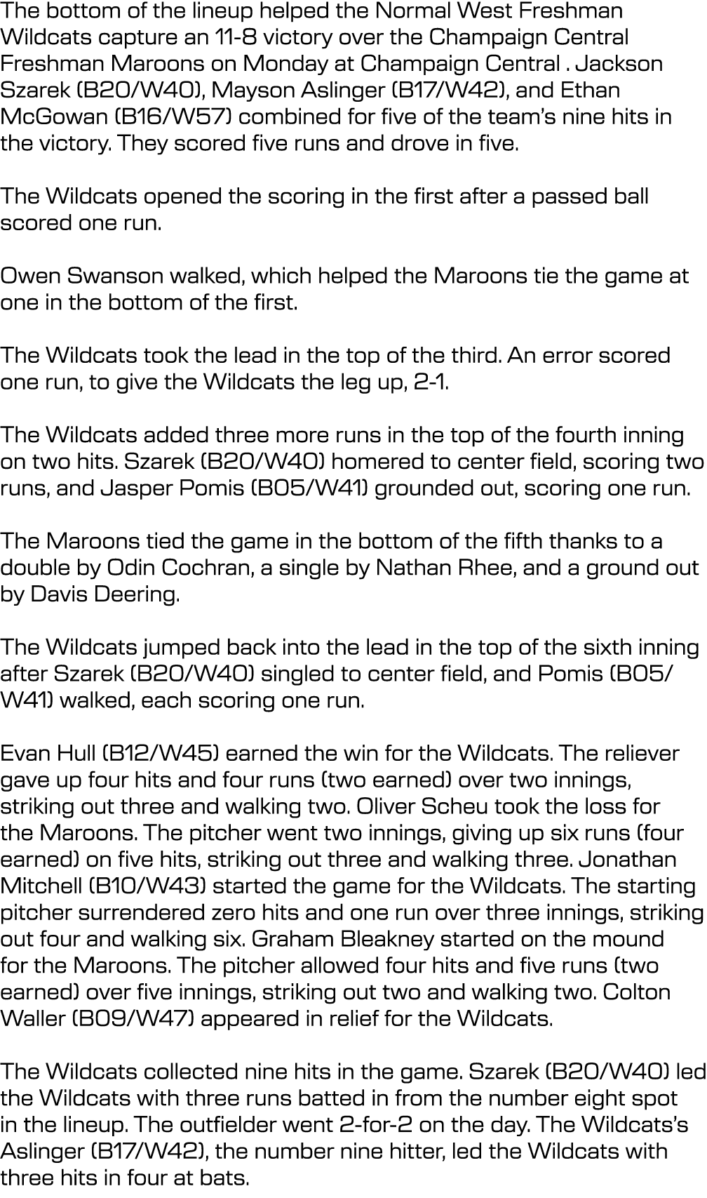The bottom of the lineup helped the Normal West Freshman Wildcats capture an 11 8 victory over the Champaign Central ...