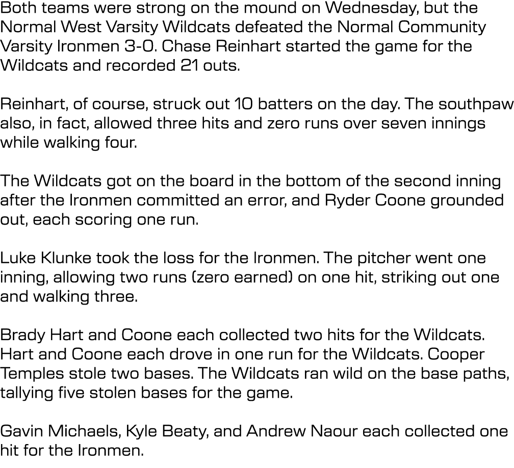 Both teams were strong on the mound on Wednesday, but the Normal West Varsity Wildcats defeated the Normal Community ...