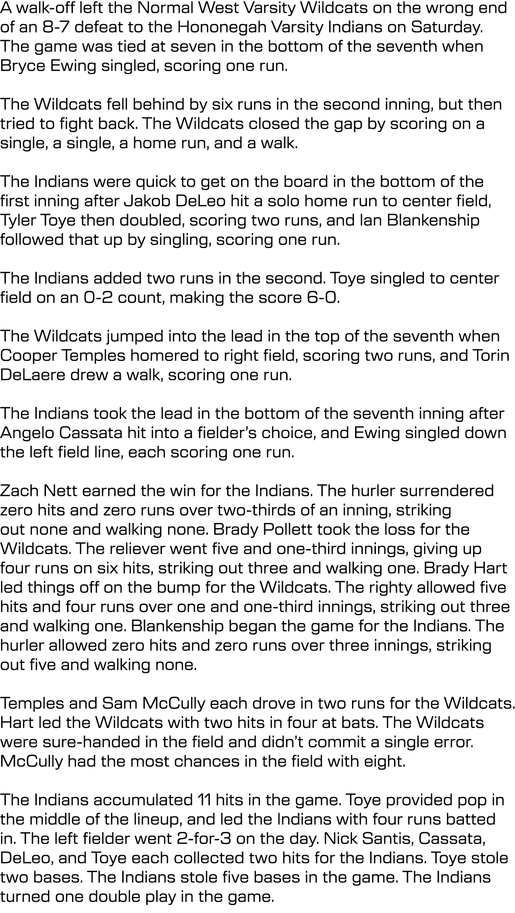 A walk off left the Normal West Varsity Wildcats on the wrong end of an 8 7 defeat to the Hononegah Varsity Indians o...