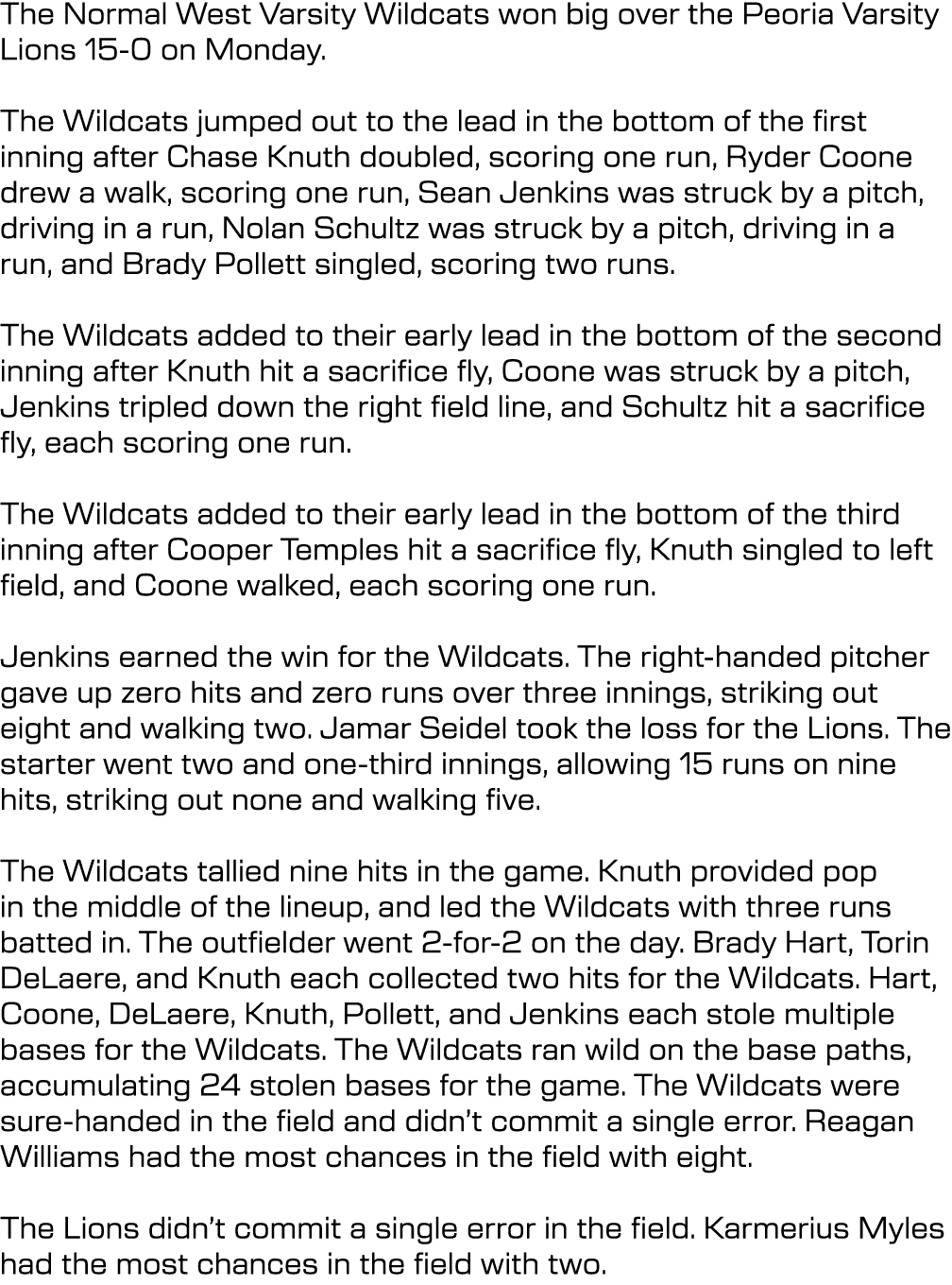 The Normal West Varsity Wildcats won big over the Peoria Varsity Lions 15 0 on Monday. The Wildcats jumped out to the...