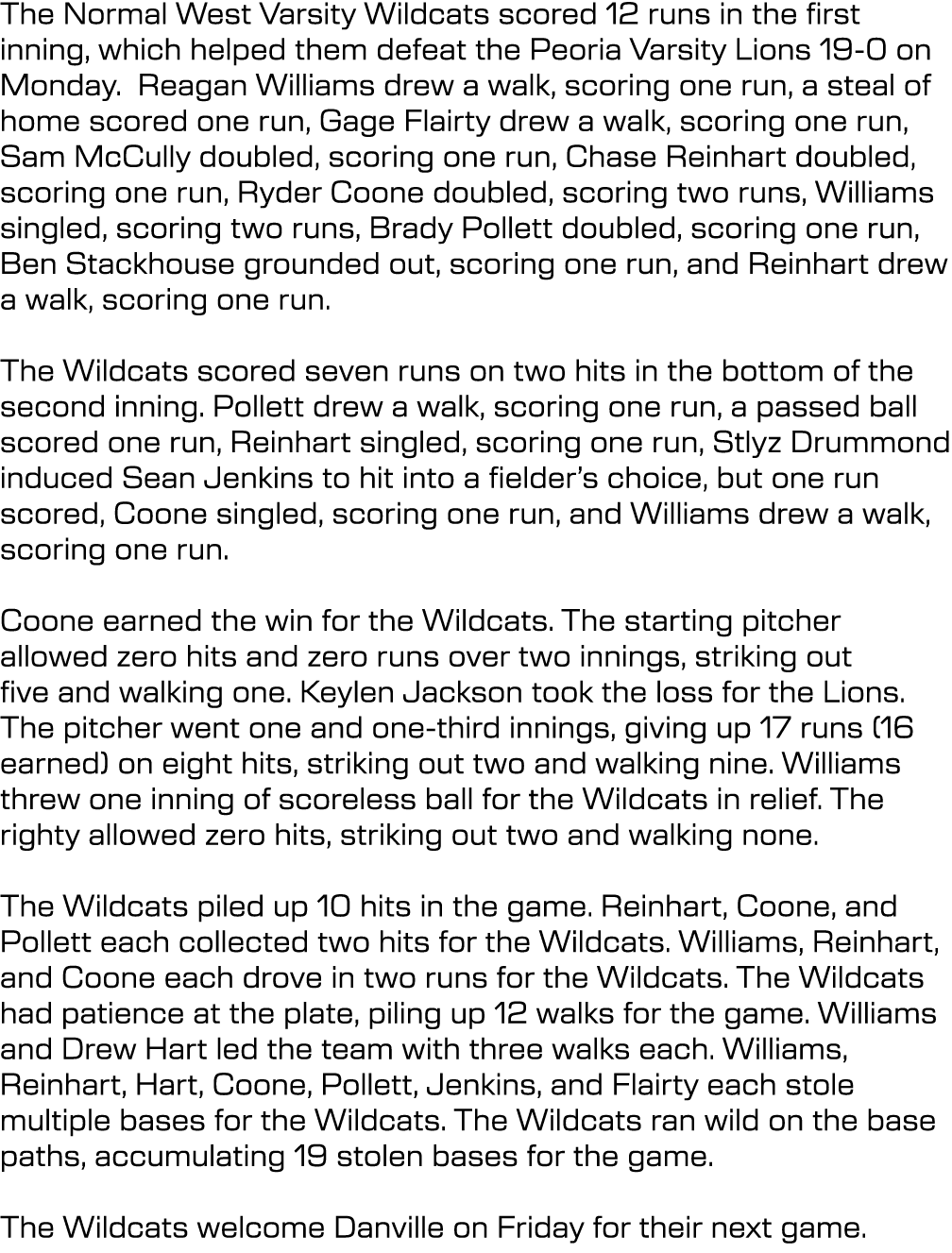 The Normal West Varsity Wildcats scored 12 runs in the first inning, which helped them defeat the Peoria Varsity Lion...