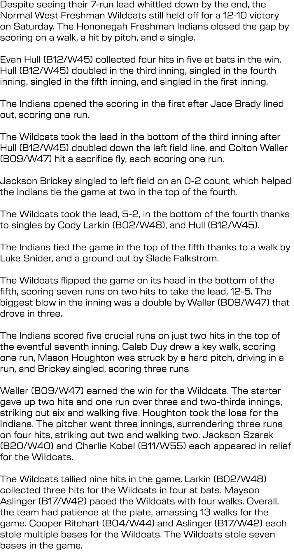 Despite seeing their 7 run lead whittled down by the end, the Normal West Freshman Wildcats still held off for a 12 1...