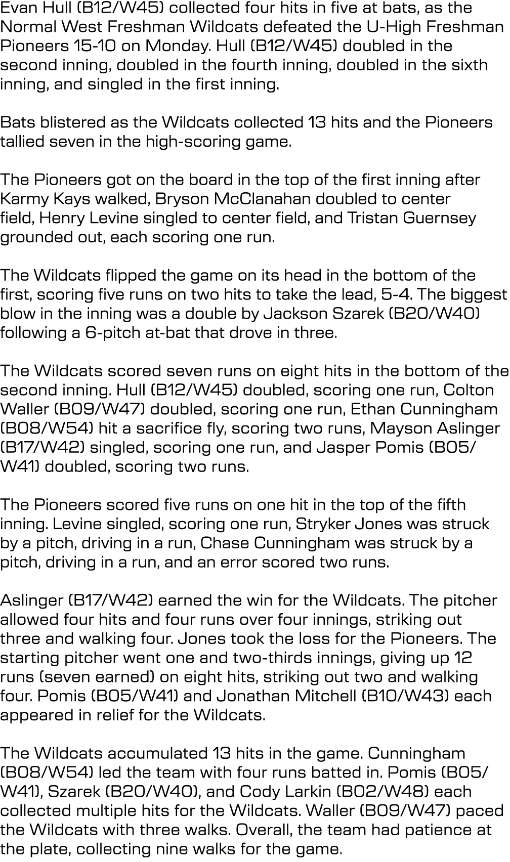 Evan Hull (B12/W45) collected four hits in five at bats, as the Normal West Freshman Wildcats defeated the U High Fre...