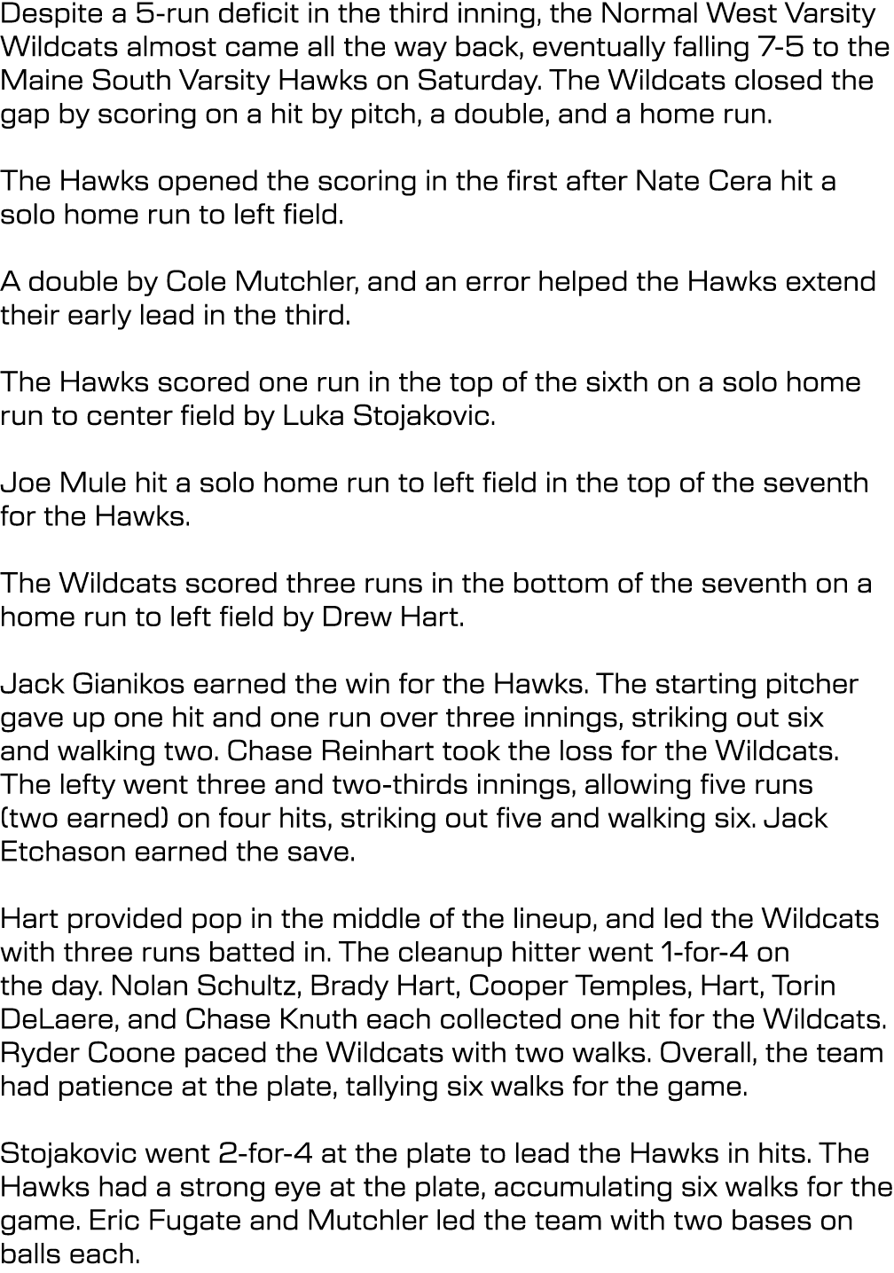 Despite a 5 run deficit in the third inning, the Normal West Varsity Wildcats almost came all the way back, eventuall...