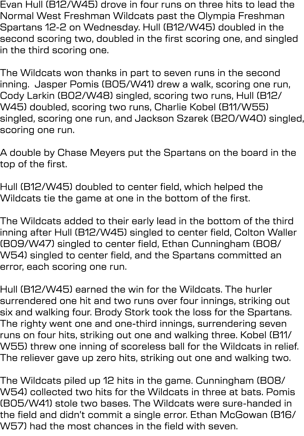 Evan Hull (B12/W45) drove in four runs on three hits to lead the Normal West Freshman Wildcats past the Olympia Fresh...