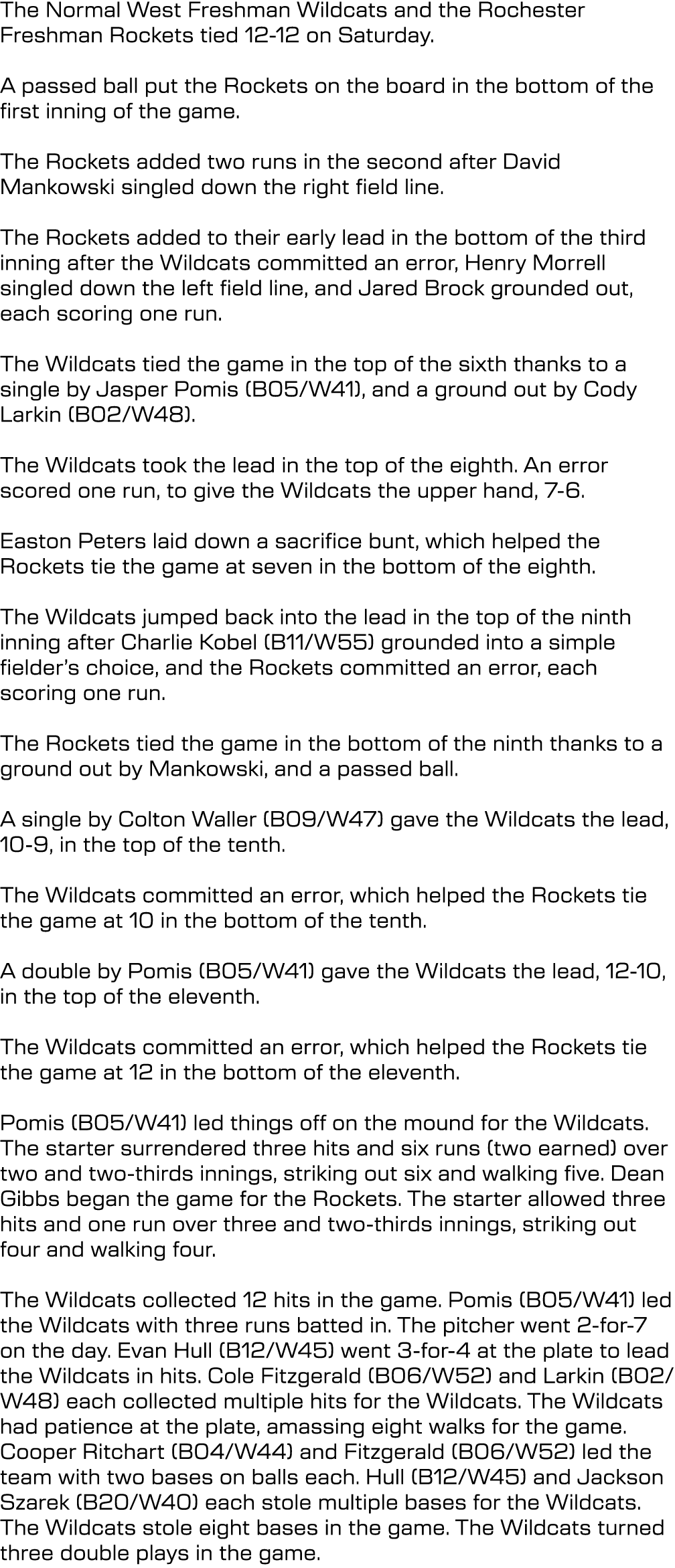 The Normal West Freshman Wildcats and the Rochester Freshman Rockets tied 12 12 on Saturday. A passed ball put the Ro...