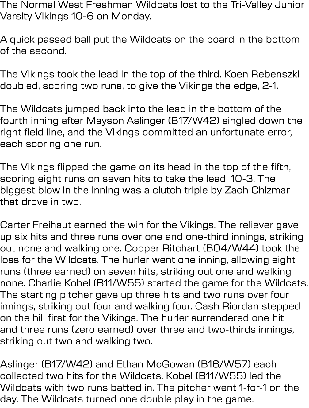 The Normal West Freshman Wildcats lost to the Tri Valley Junior Varsity Vikings 10 6 on Monday. A quick passed ball p...