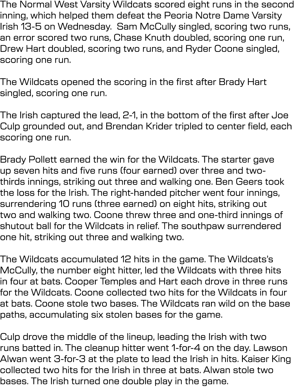 The Normal West Varsity Wildcats scored eight runs in the second inning, which helped them defeat the Peoria Notre Da...