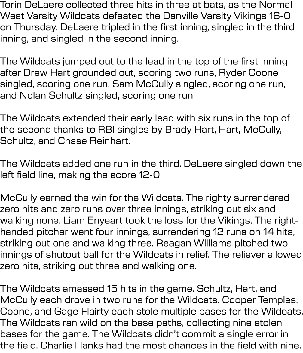 Torin DeLaere collected three hits in three at bats, as the Normal West Varsity Wildcats defeated the Danville Varsit...