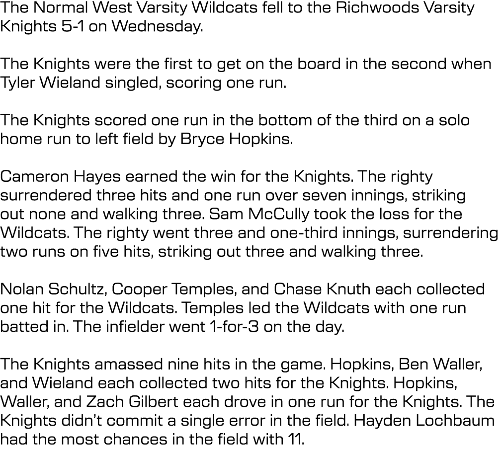 The Normal West Varsity Wildcats fell to the Richwoods Varsity Knights 5 1 on Wednesday. The Knights were the first t...