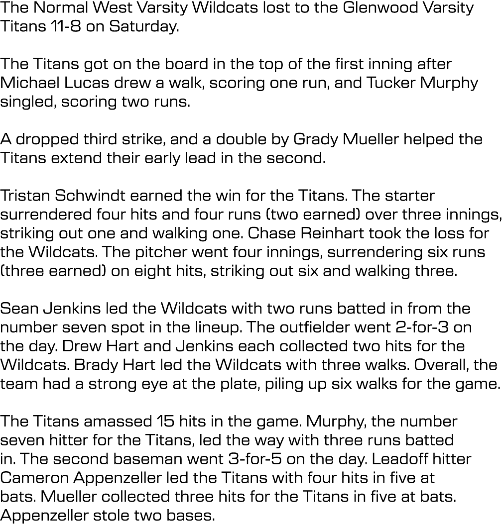 The Normal West Varsity Wildcats lost to the Glenwood Varsity Titans 11 8 on Saturday. The Titans got on the board in...