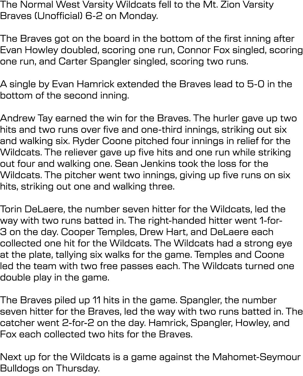 The Normal West Varsity Wildcats fell to the Mt. Zion Varsity Braves (Unofficial) 6 2 on Monday. The Braves got on th...