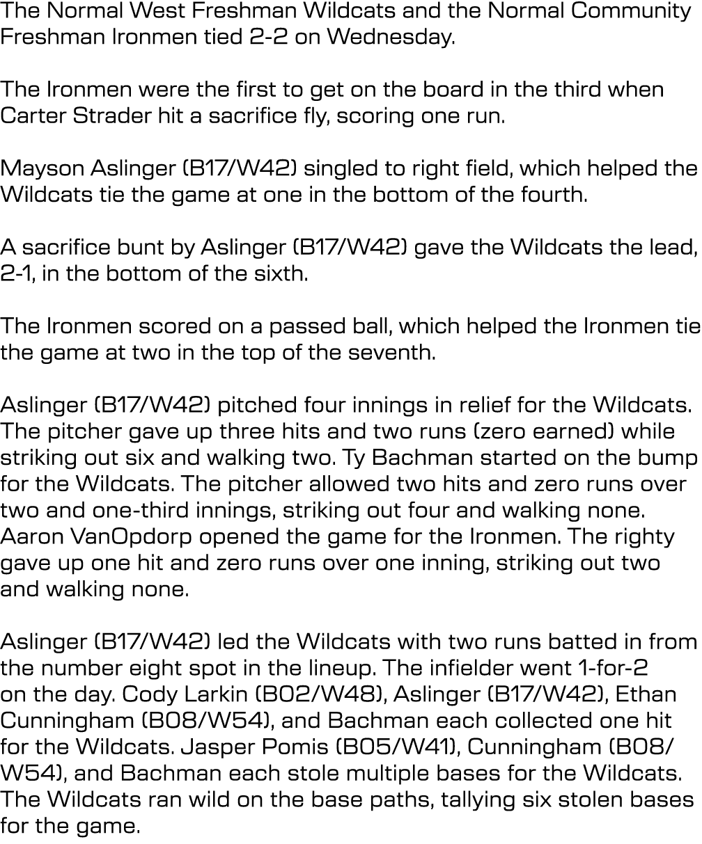 The Normal West Freshman Wildcats and the Normal Community Freshman Ironmen tied 2 2 on Wednesday. The Ironmen were t...