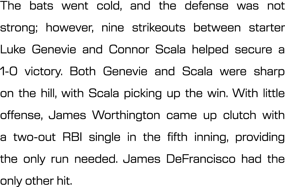 The bats went cold, and the defense was not strong; however, nine strikeouts between starter Luke Genevie and Connor ...