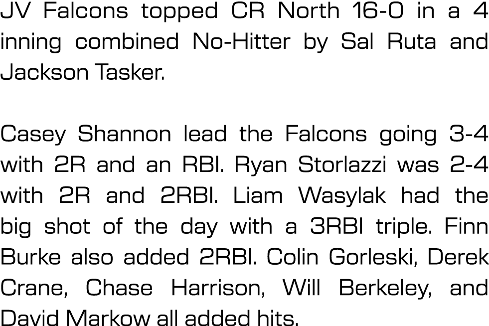 JV Falcons topped CR North 16 0 in a 4 inning combined No Hitter by Sal Ruta and Jackson Tasker. Casey Shannon lead t...